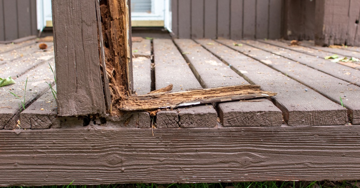 A rotted wooden post exposes splintered fibers and severe decay above a concrete footing beside a residential entry